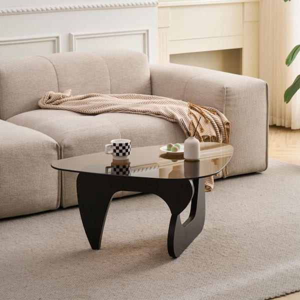 Malcolm Modern 35.82 in. Black+Brown Triangle Glass Farmhouse Coffee Table with Sturdy Wood Base