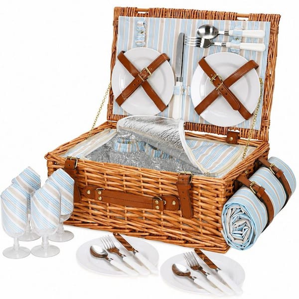 Brown Wicker Picnic Basket with Insulated Cooler Compartment, Waterproof Blanket and Cutlery Service Kit for 4-Person