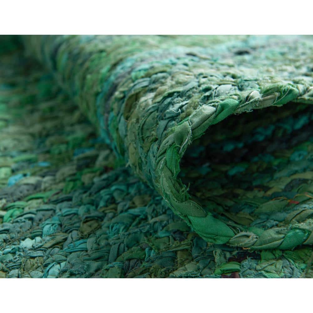Handmade Eco-Conscious Braided Cotton 3x5 Oval Rug in Green and Turquoise