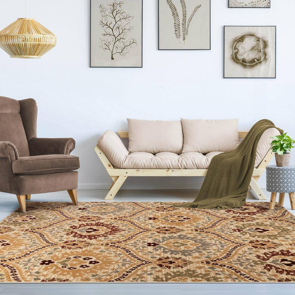 Camel Floral Polypropylene Medium Pile Area Rug 6' x 9'