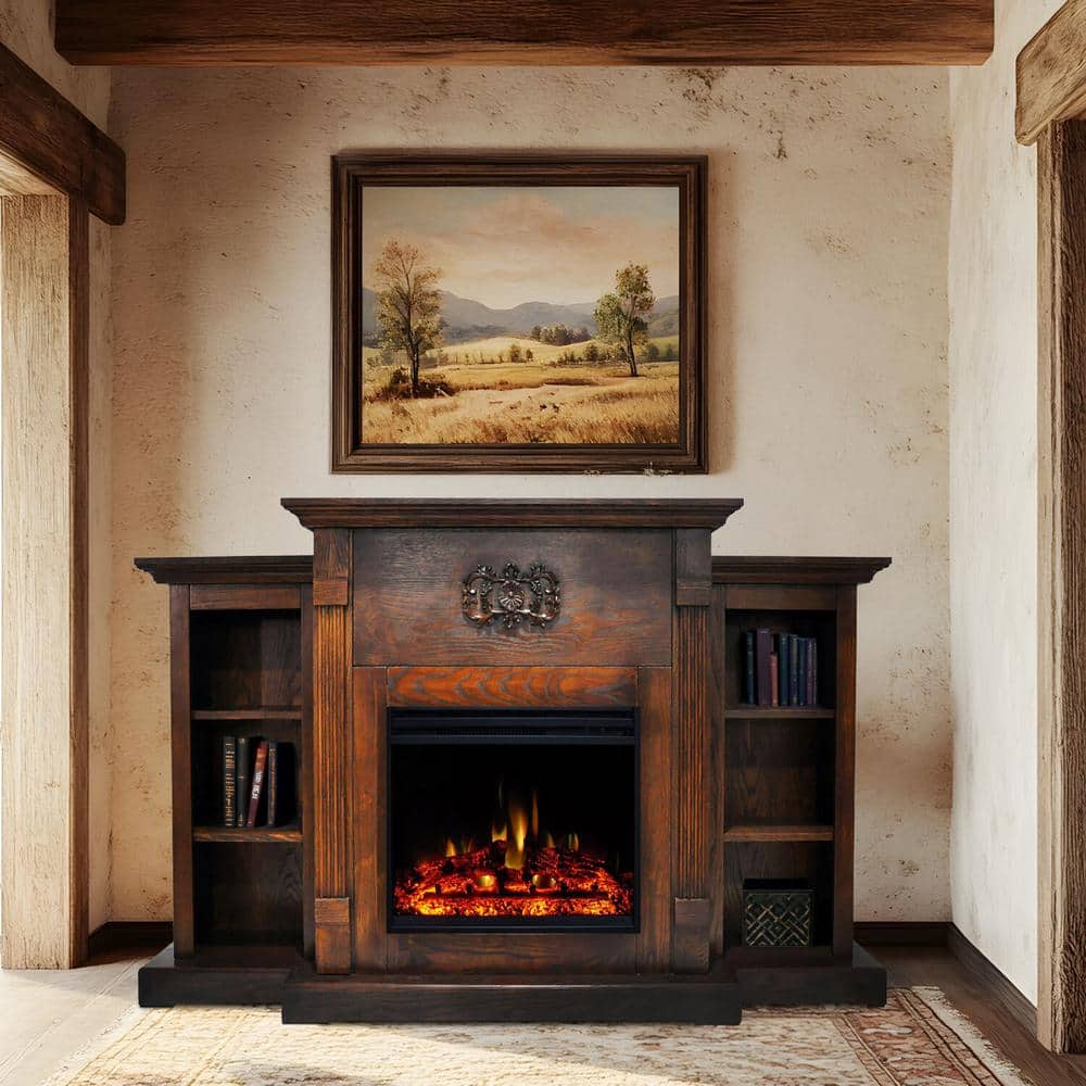 Sanoma 72'' Walnut Electric Fireplace with Mantel and Bookshelves