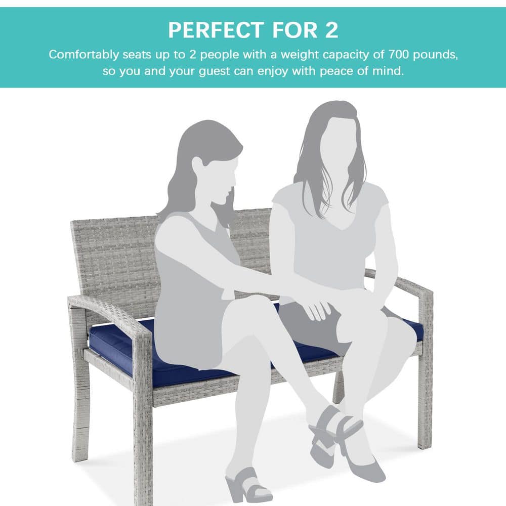 Gray Wicker 2-Person Outdoor Bench with Navy Cushion