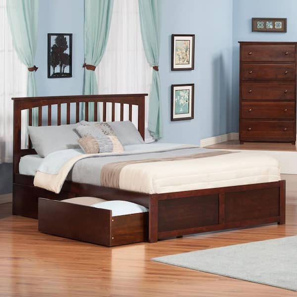 AFI Mission Walnut Queen Solid Wood Storage Platform Bed with Flat Panel Foot Board and 2 Bed Drawers