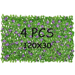 Expandable Faux Privacy Fence, Artificial Hedges Screen for Outdoor, with Flower (Single Sided Leaves) (4-Pack)