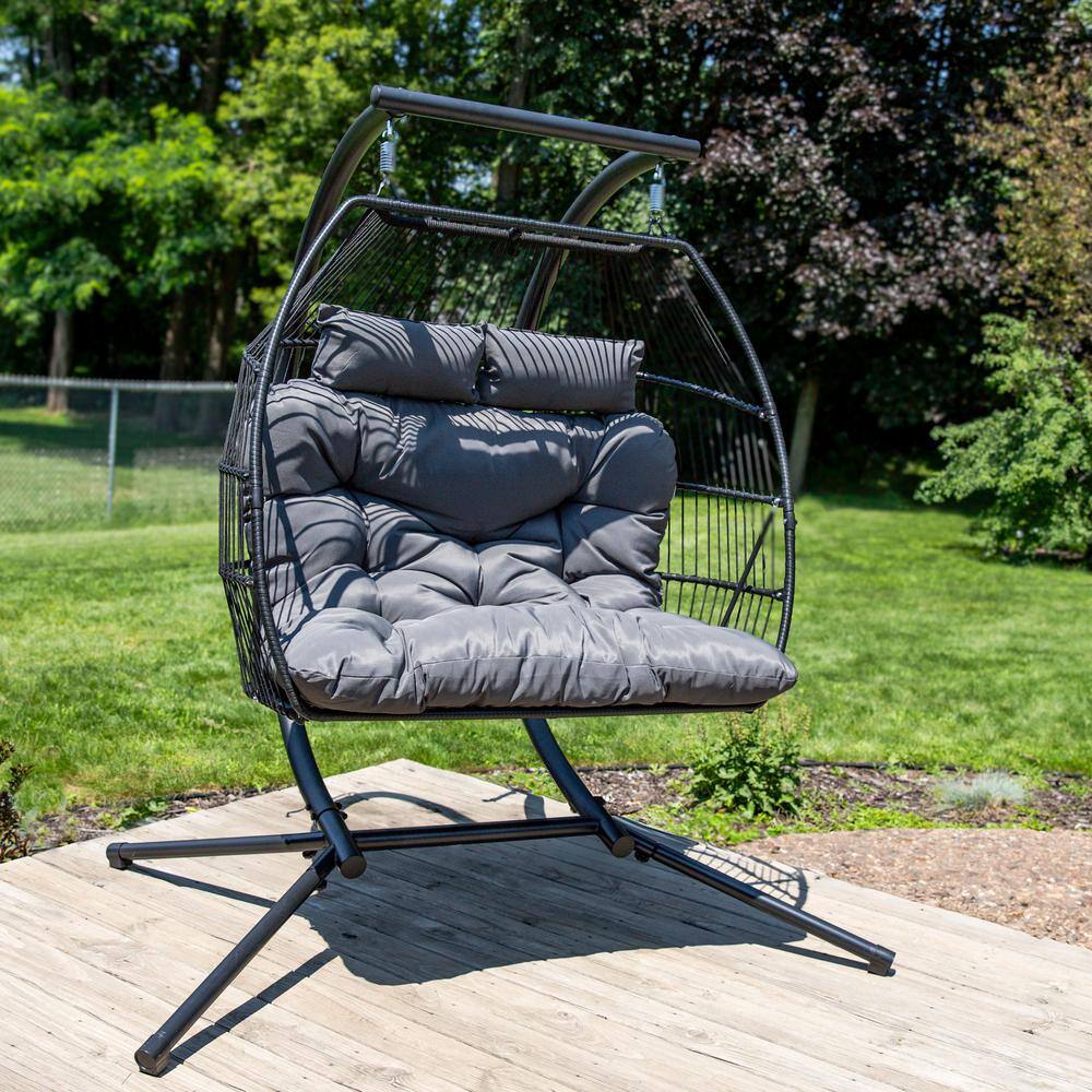 Dark Gray Double Egg Hanging Chair with Cushions and Steel Stand