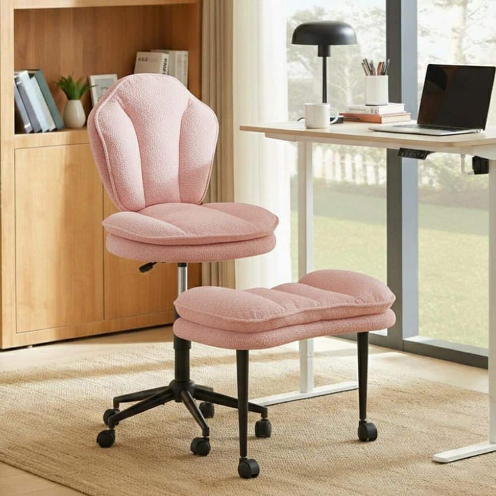 Teddy Fabric Cross-Legged Swivel Footrest Adjustable Height Wheels Ergonomic Task Chair in Pink with No Arms