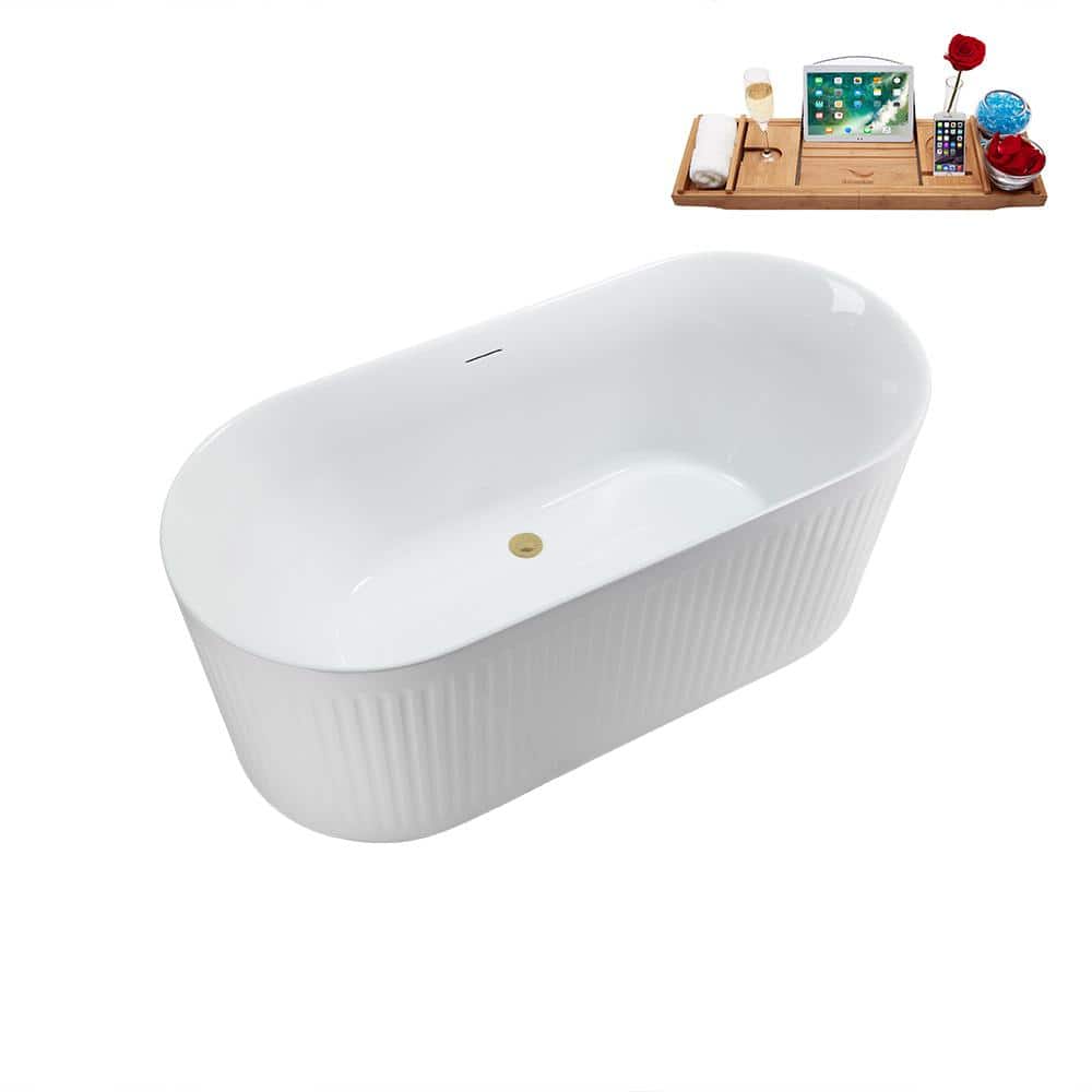 59'' Glossy White Freestanding Acrylic Soaking Bathtub with Tray
