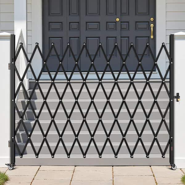 Single Folding Security Gate Lockable Scissor Gate with 360° Swivel Casters Retractable 94.49 x 86.81 in. Black Steel