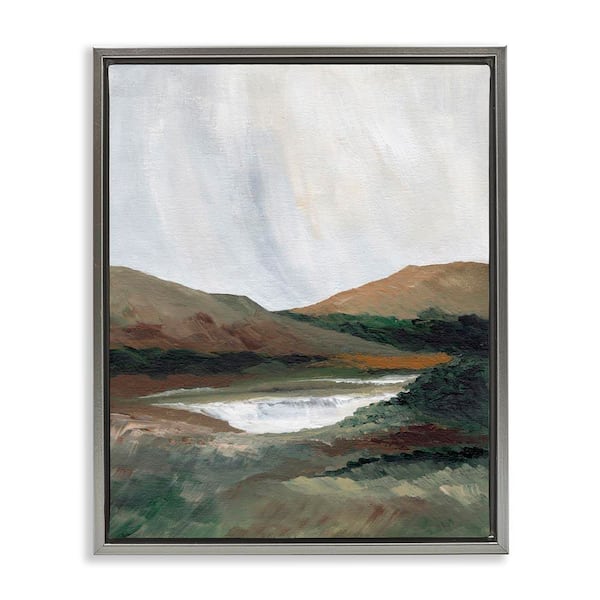 Stupell Industries Two Mountains with Pond by Nikita Jariwala Gray Floater Frame Nature Graphic Art Print 31 in. x 25 in.