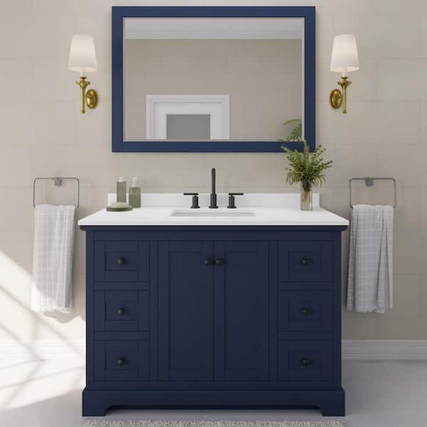 Wyndham Collection Avery 48 in. W x 22 in. D x 35 in. H Single Bath Vanity in Dark Blue with White Quartz Top