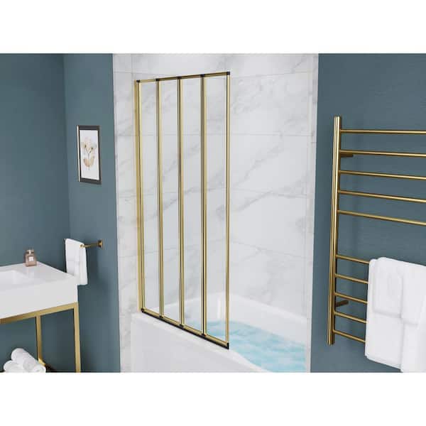 Accordion 33 in. W x 56 in. H Sliding Framed Tub Door in Matte Black/Brushed Gold with Tempered Clear Glass