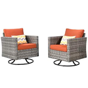 Tahoe Grey Swivel Rocking Wicker Outdoor Patio Lounge Chair with Orange Red Cushions (2-Pack)