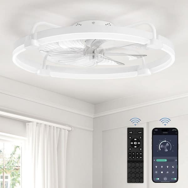 24 in. Dimmable LED Smart Indoor White Modern Flush Mount Low Profile Ceiling Fan with Light and Remote Control and APP