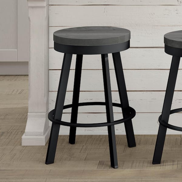 Amisco Warner 26 in. Black Metal Grey Wood Counter Stool