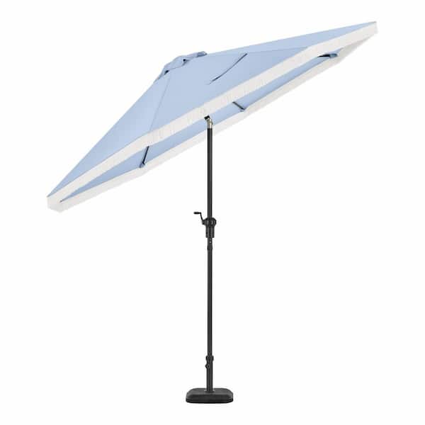 9 ft. Aluminum Market Crank and Auto-Tilt Patio Umbrella in Morning Glory Blue with Fringe Trim