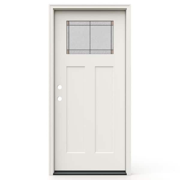 36 in. x 80 in. Right-Hand Craftsman Frameless Ballantyne Decorative Glass Primed Fiberglass Prehung Door w/ Brickmould
