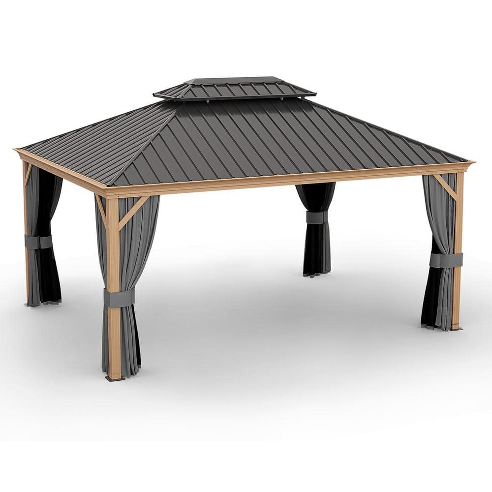 12 ft. x 16 ft. Double Roof Hardtop Wood Grain Aluminum Patio Gazebo with Netting and Gray Curtains price history on PriceWatchPro