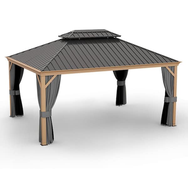 ChillPavilion 12 ft. x 16 ft. Double Roof Hardtop Wood Grain Aluminum Patio Gazebo with Netting and Gray Curtains