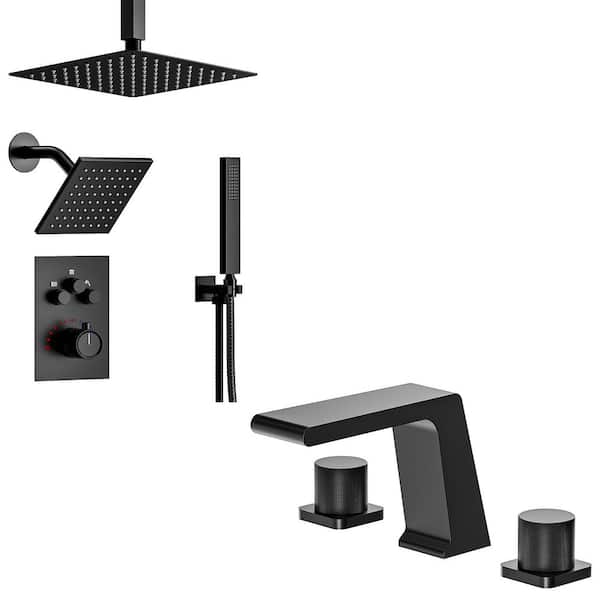 YAWWALK 7-Spray 12 in. Ceiling Mount Dual Shower Head and 8 in. Widespread Basin Faucet 1.8 GPM in Matte Black
