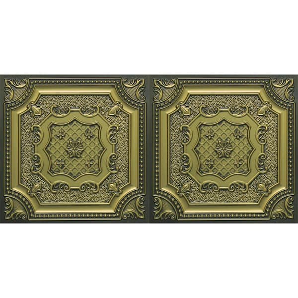 FROM PLAIN TO BEAUTIFUL IN HOURS My Beautiful Damaris Antique Brass 2 ft. x 4 ft. PVC Faux Tin Glue Up or Lay In Ceiling Tile (80 sq. ft./case)