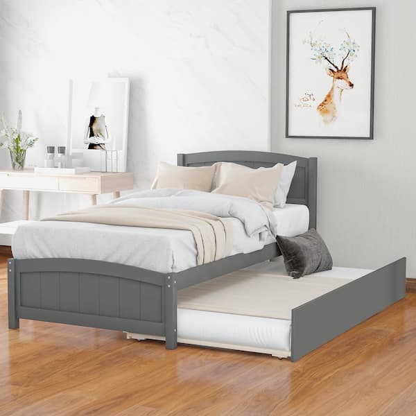 Gray Twin Size Trundle Platform Bed with Pull Out Trundle Wood Bed Frame with Headboard, No Box Spring Need