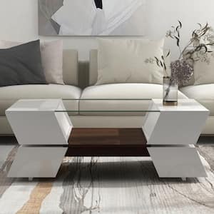 44.8 in. White Rectangle Shape Glass Top Coffee Table with Open Shelves,Cabinets and Great Storage Capacity