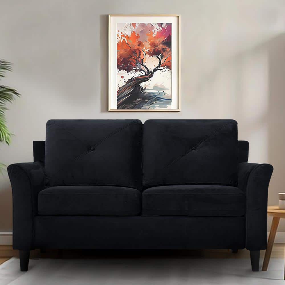 Naomi Home Button Tufted Loveseat Color Black Fabric Microfiber