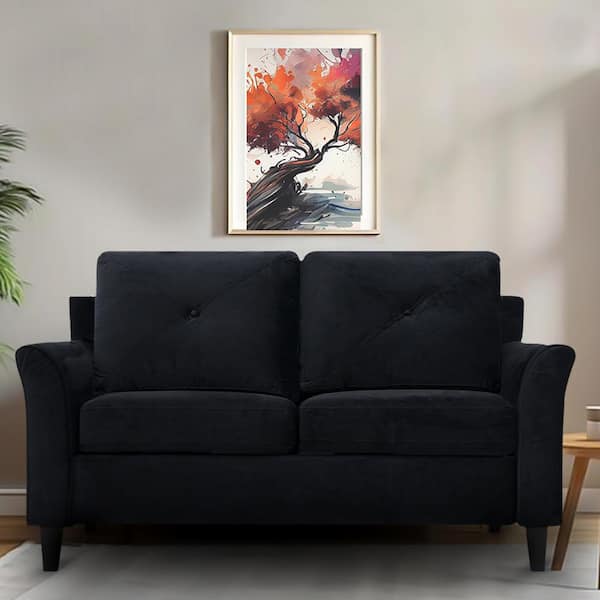 MAYKOOSH Black Button Tufted Loveseat , Microfiber Couch for Small Spaces Durable, Sturdy and Easy Maintenance.