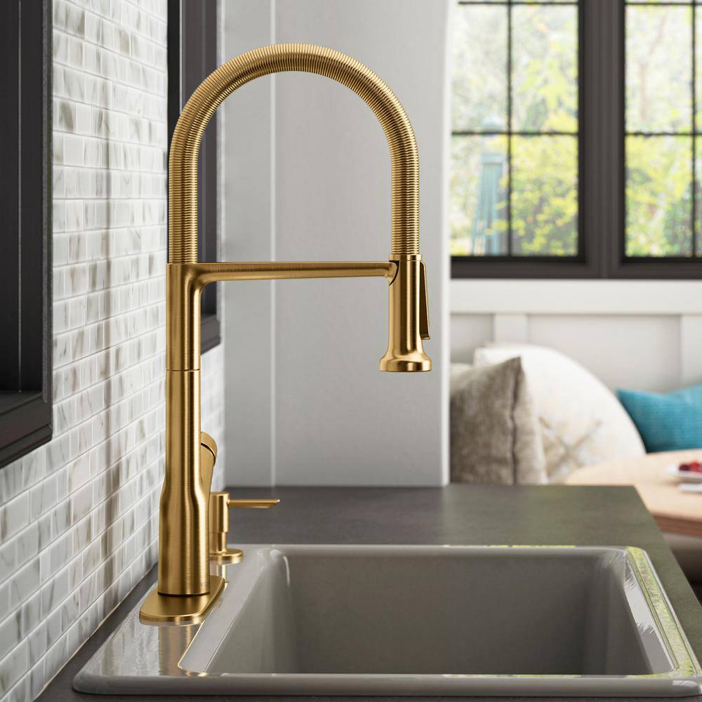 Vibrant Brushed Moderne Brass Single-Handle Kitchen Faucet with Soap Dispenser