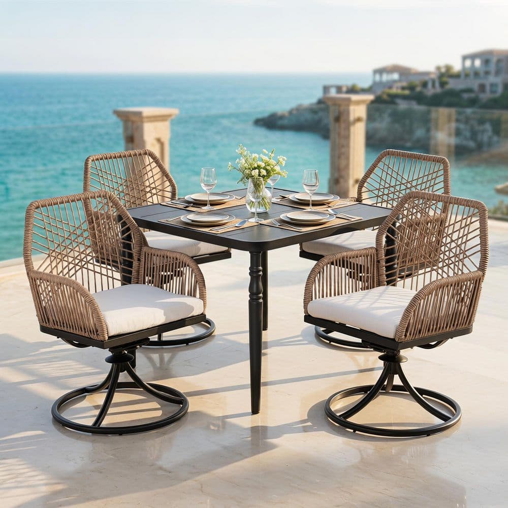 Black 5-Piece Twisted Rattan and Metal Square Outdoor Dining Set with Beige Cushions, Swivel Chairs price history on PriceWatchPro