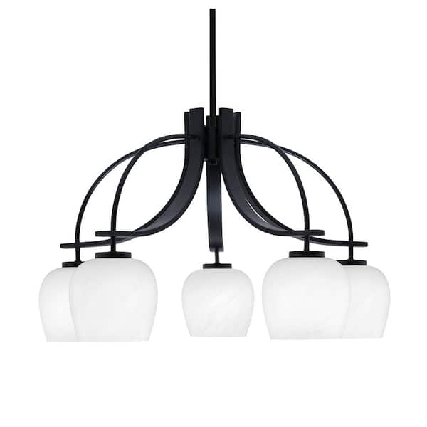 Unbranded Olympia 16.5 in. 5-Light Matte Black Downlight Chandelier White Marble Glass Shade