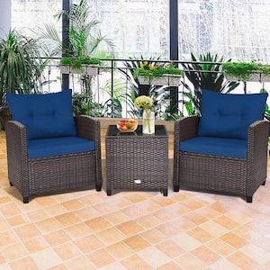 3PCS Outdoor Patio Rattan Conversation Set Garden Yard w/Navy Cushions