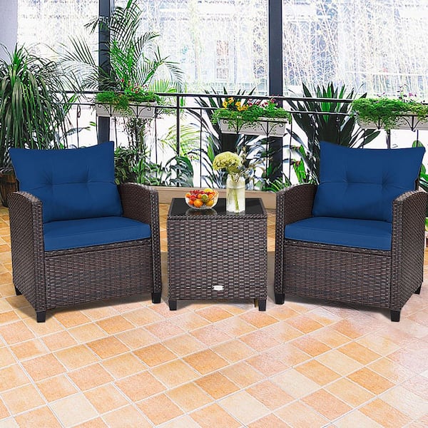 3PCS Outdoor Patio Rattan Conversation Set Garden Yard w/Navy Cushions