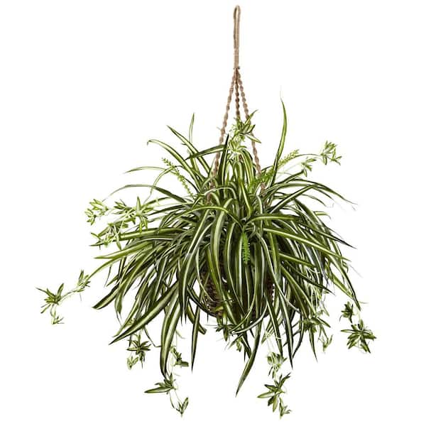 Nearly Natural 20 in. Artificial Spider Plant Hanging Basket