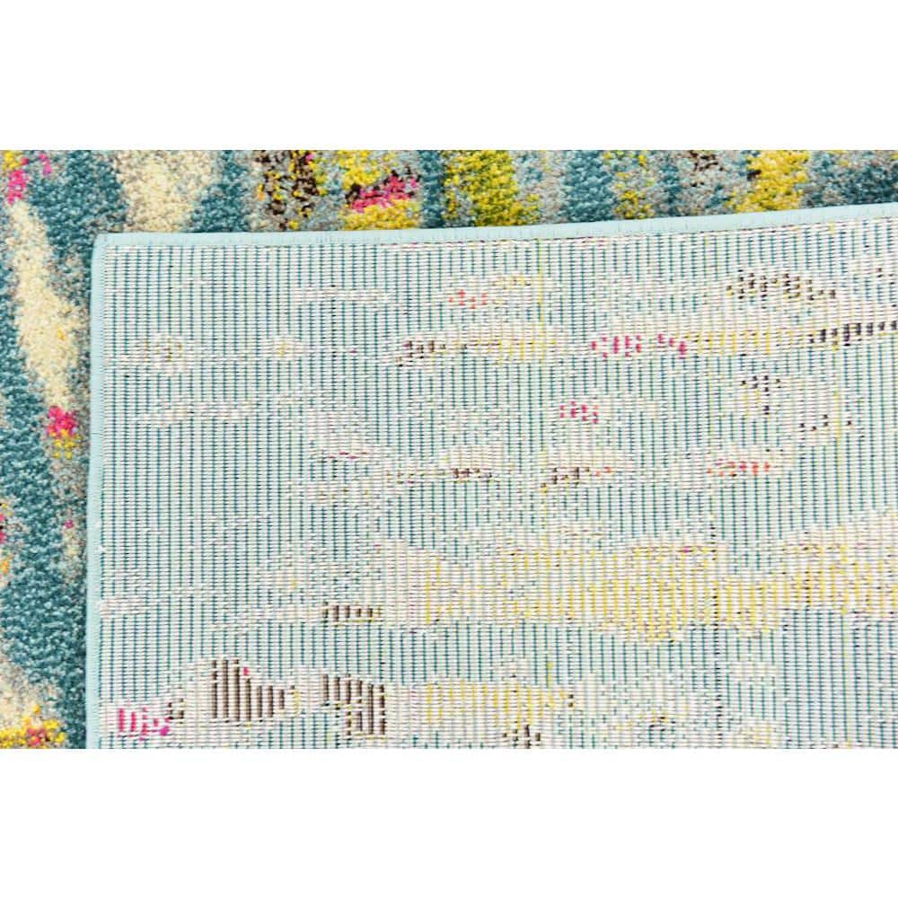 Turquoise and Yellow Abstract Synthetic Stain-Resistant Rug