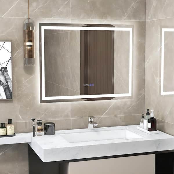 FORCLOVER 36 in. W x 28 in. H Rectangular Frameless Dimmable Anti-Fog Wall Mount Bathroom Vanity Mirror in Silver