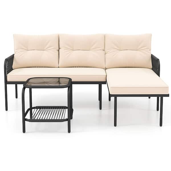 Black Wicker Outdoor Sectional Sofas 3-Piece L Shaped Patio Furniture Set with Beige Cushions