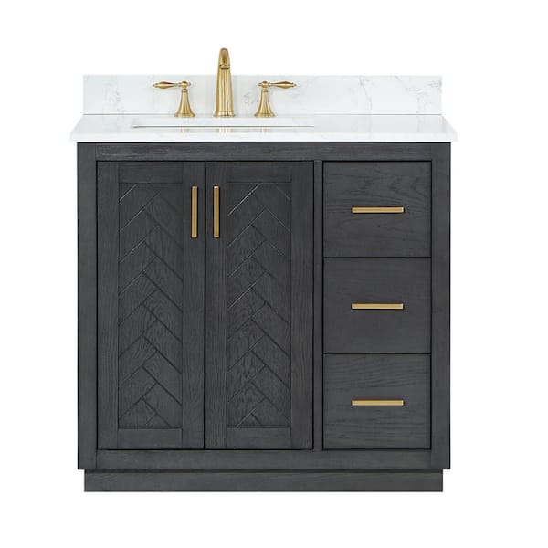 Gazsi 36 in. W x 22 in. D x 34 in. H Bath Vanity in Brown Oak with Grain White Composite Stone Top