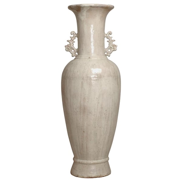Emissary Tall 60 in. H White Crackle Ceramic 2 Handle Vase