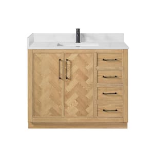 Jakarta 42 in. W. x 22 in. D x 33.9 in. H Single Bath Vanity in Oak Weathering Light Brown Silk White Quartz Stone Top