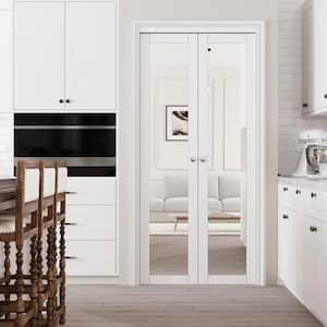 36 in. x 80 in. 1-Lite Mirrored Glass Solid Core White Finished MDF Pivot Bi-fold Door with Pivot Hardware