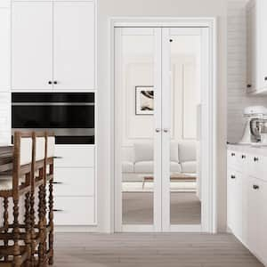 36 in. x 80 in. 1-Lite Mirrored Glass Solid Core White Finished MDF (Pivot French) Bi-fold Door with Pivot Hardware