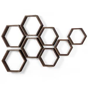 Hexagon Floating Shelves Honeycomb Shelves for Wall, Brown Set of 8