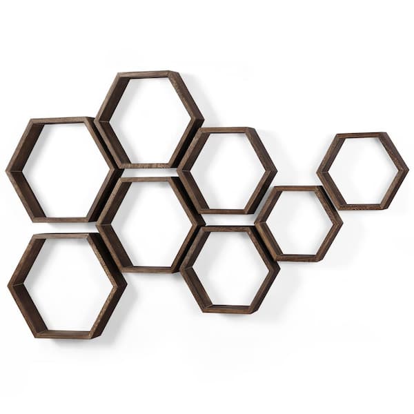 Oumilen Hexagon Floating Shelves Honeycomb Shelves for Wall, Brown Set of 8