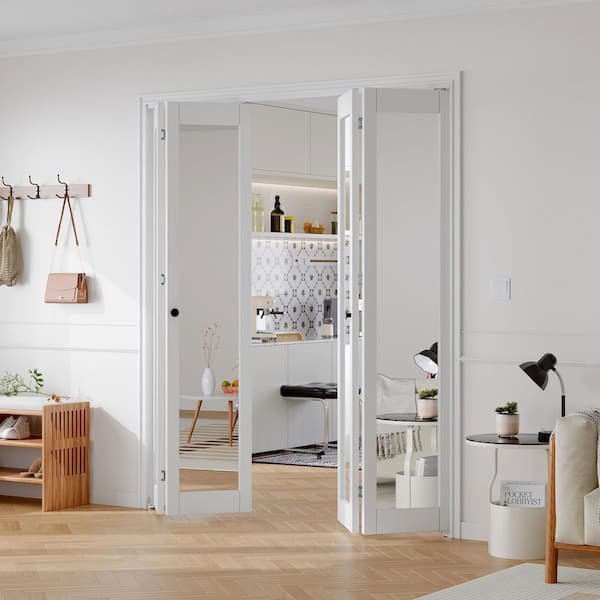 72 in. x 80 in. 1-Lite Mirrored Glass Solid Core White Finished MDF Bi-Fold Door with Hardware Kit