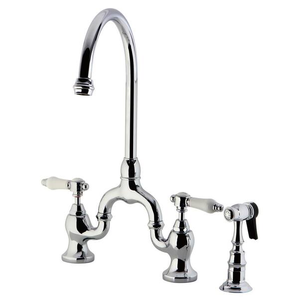 Kingston Brass Bel-Air Double-Handle Deck Mount Bridge Kitchen Faucet with Brass Sprayer in Polished Chrome