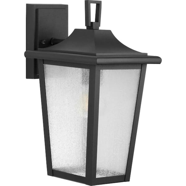 Progress Lighting Padgett 1-Light Textured Black Hardwired Outdoor Wall Lantern with Clear Seeded Glass Shade Transitional