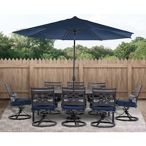 Montclair 9-Piece Steel Outdoor Dining Set with Navy Blue Cushions, 8 Swivel Rockers, 42 in. x 84 in. Table and Umbrella