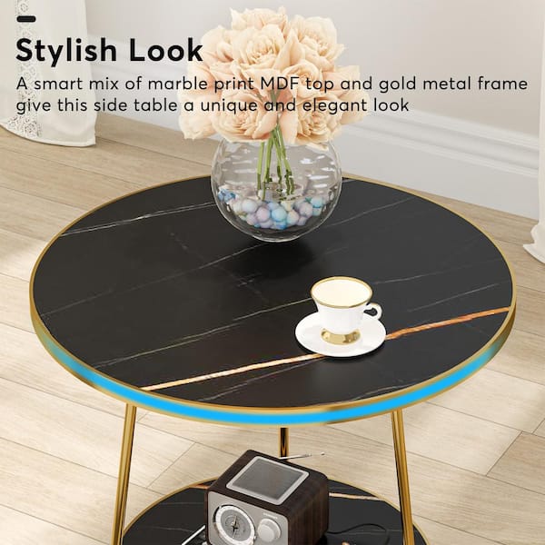 BYBLIGHT Kerlin 18.7 in. Black Round Faux Marble End Table BYBLIGHT Kerlin 18.7 in. Black Round Faux Marble End Table