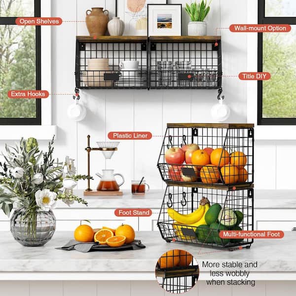 2-Tier Fruit Basket, Stackable Hanging Basket Wire Baskets with